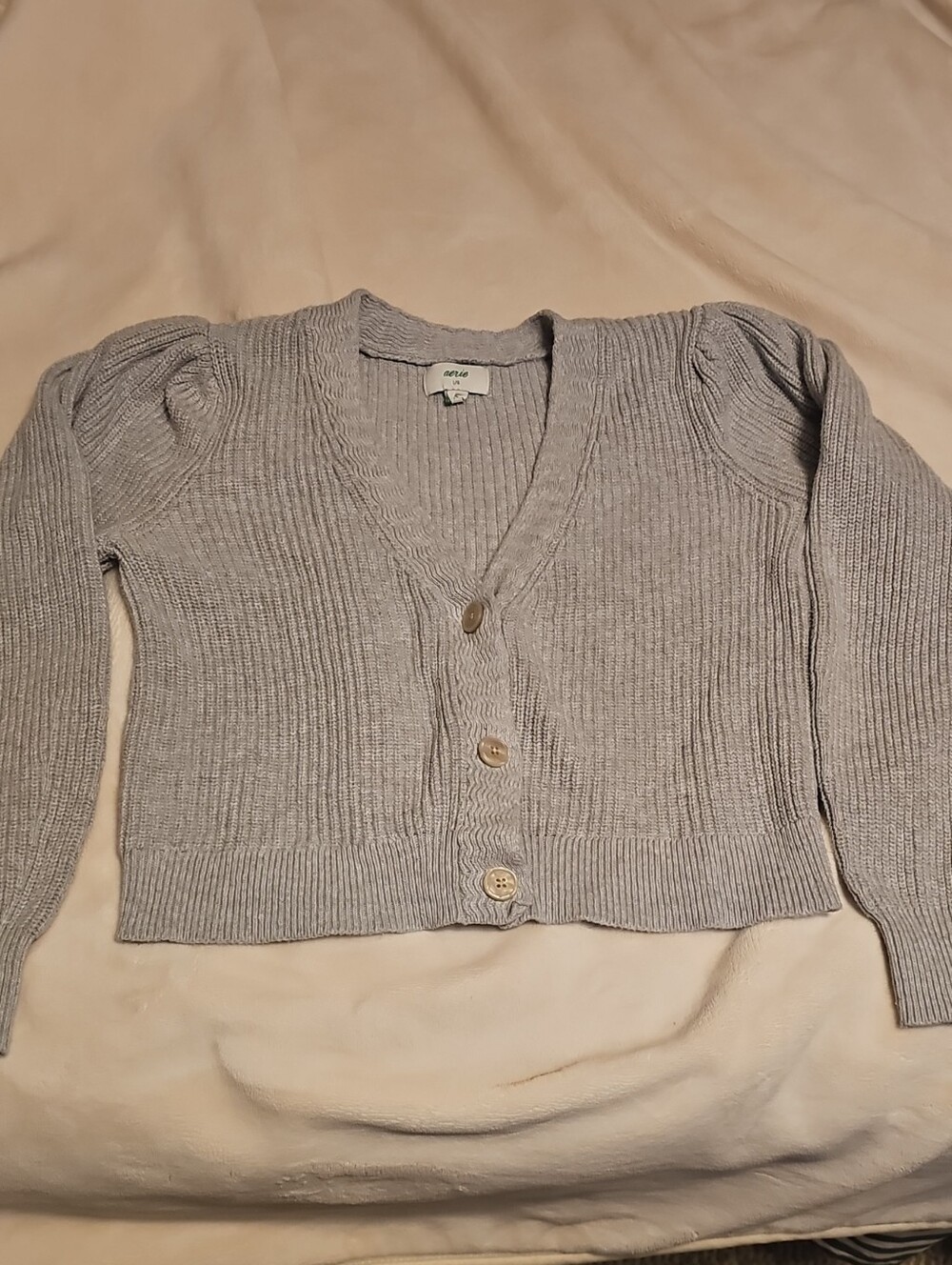 Aerie Light Gray Ribbed V-Neck Puff-Sleeve Button Cardigan